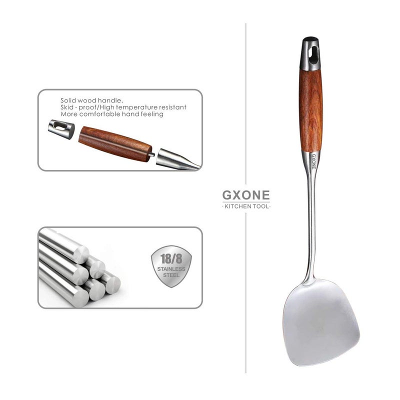 GXONE Chinese Wok Spatula, 304 Stainless Steel Spatula with Heat Resistant Wooden Handle Wok Utensils,Silver/15.7Inch - Image 3